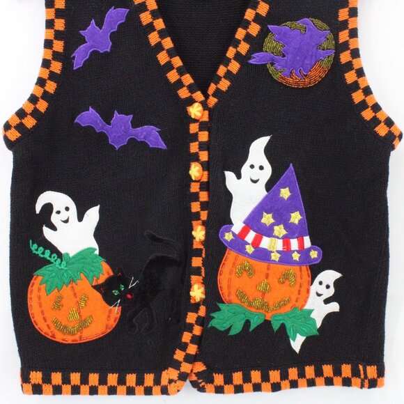 Vintage Lemon Grass Vest Womens Petite Black Halloween Theme Embroidered Size PM - Picture 4 of 9